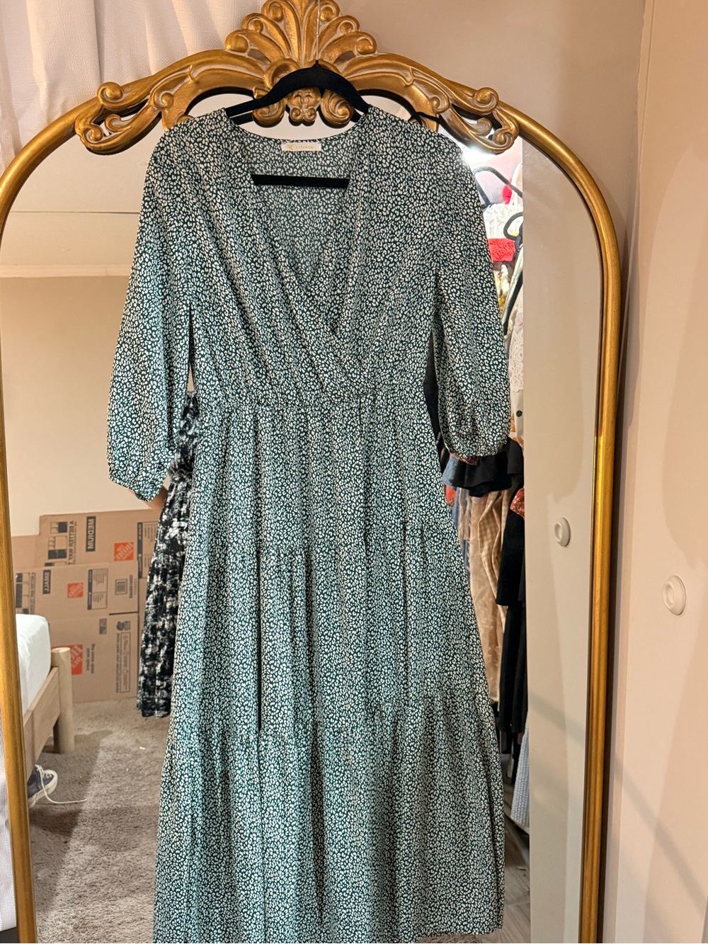 Smocked Waist Midi Wrap Dress in Green Ditsy